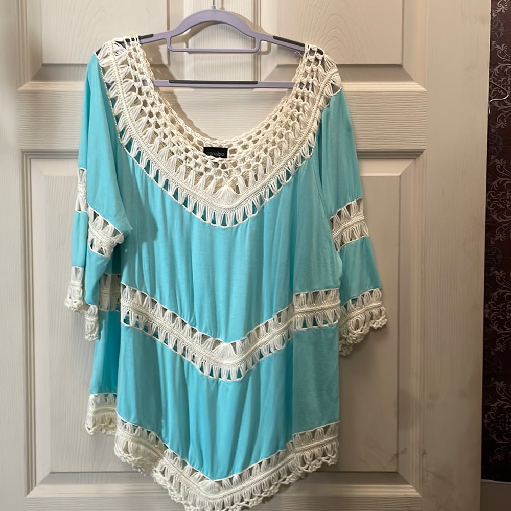 EUC Zenobia Stunning Turquoise & Cream Macrame 3/4 Sleeve Blouse, Sz 2x